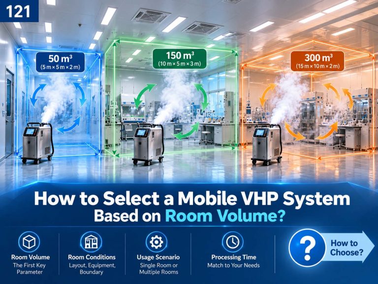 移动式VHP设备选型示意图，展示不同房间体积、空间条件与VHP循环对设备选择的影响
