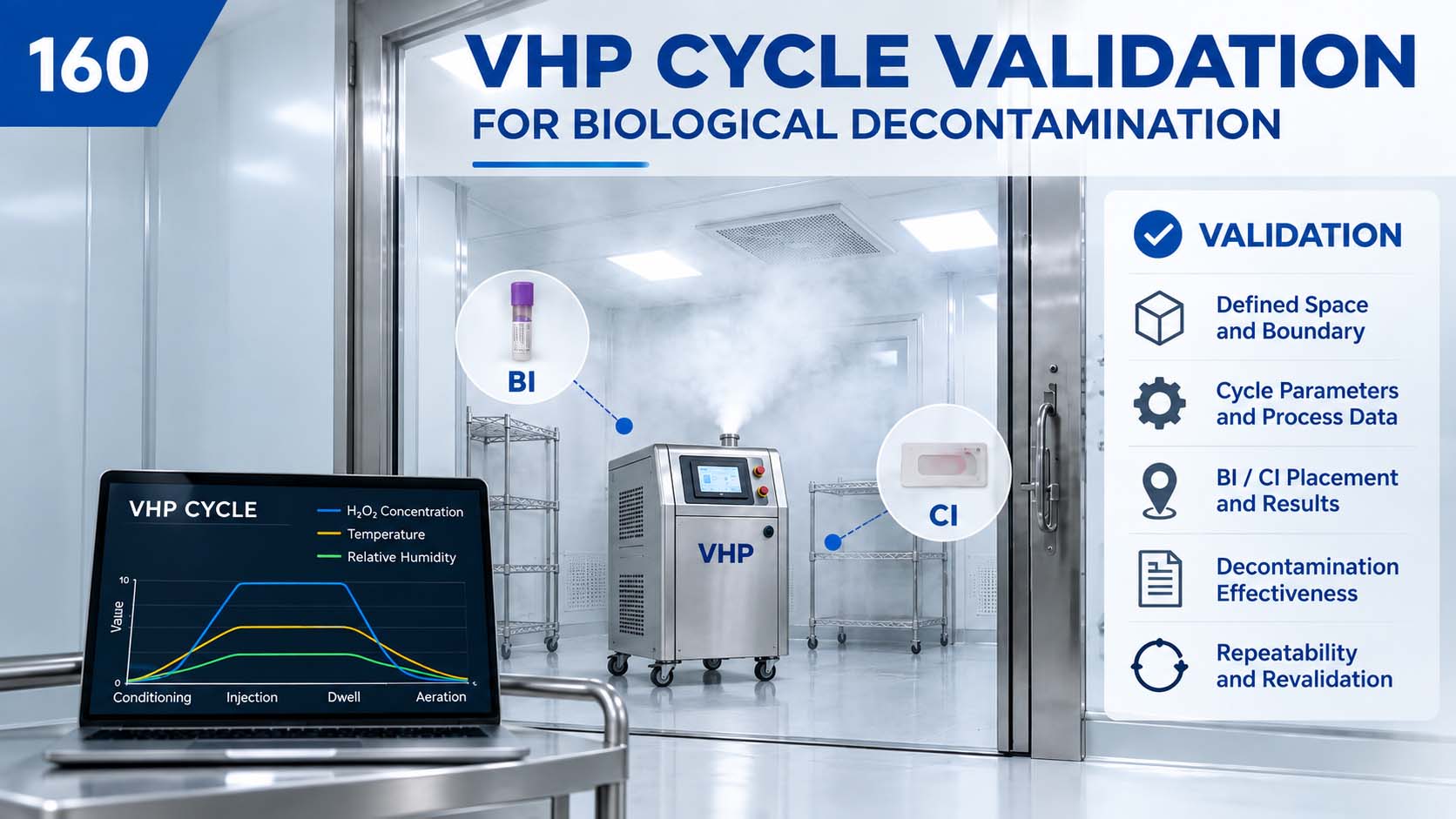 VHP空间生物去污周期验证流程示意图，展示VHP设备运行、空间分布、BI/CI验证和效果确认过程