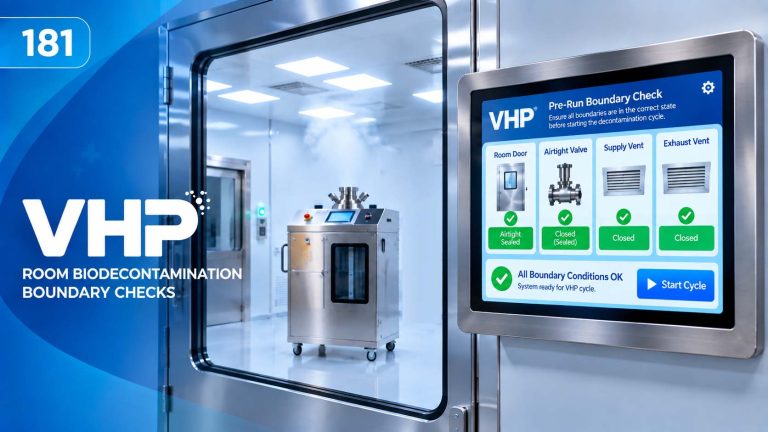 VHP房间生物去污边界确认示意图，展示移动式VHP灭菌设备、气密门、气密隔离阀以及送排风隔离状态在生物安全空间去污过程中的作用